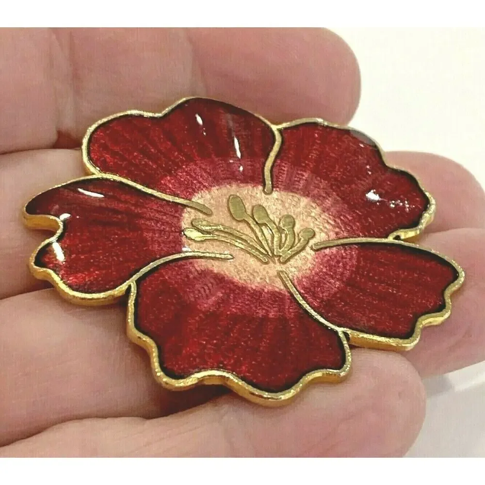 Vintage Gold Tone Brooch Flower Power Red & Pink Enamel Pin Romantic Mod Whimsy
